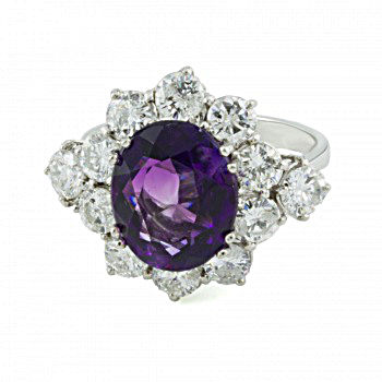 18ct White Gold Amethyst / Diamond Cluster Ring Size N